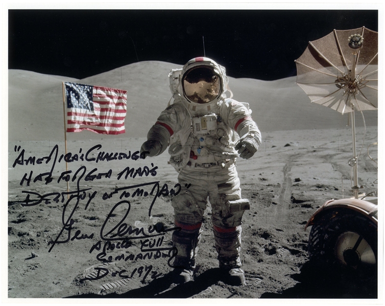 Gene Cernan Signed 10'' x 8'' Apollo 17 Photo With Handwritten Quote, ''America's Challenge Has Forged Man's Destiny of Tomorrow''